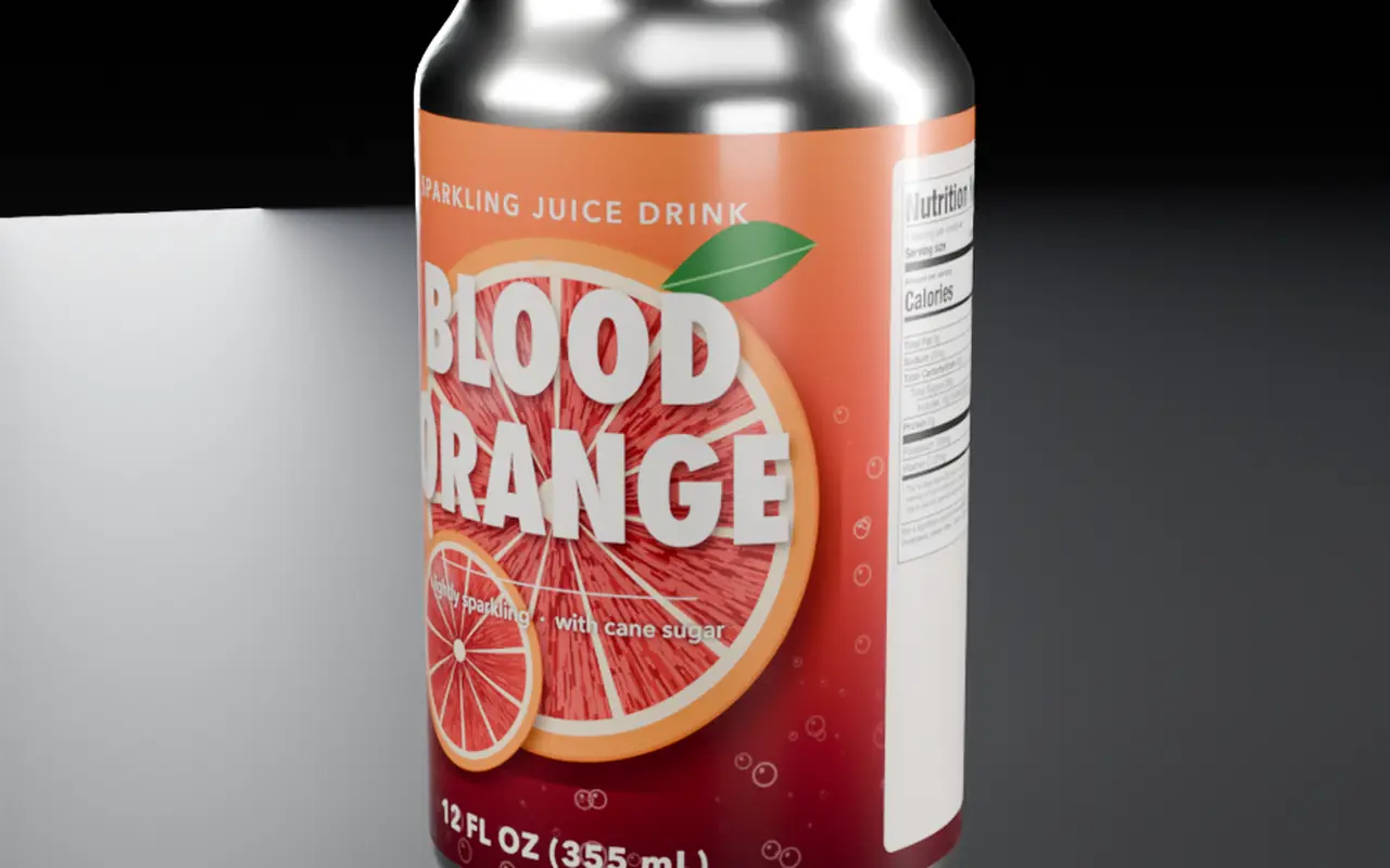 A sparkling juice can in a dark studio, one of the six demonstration labels.