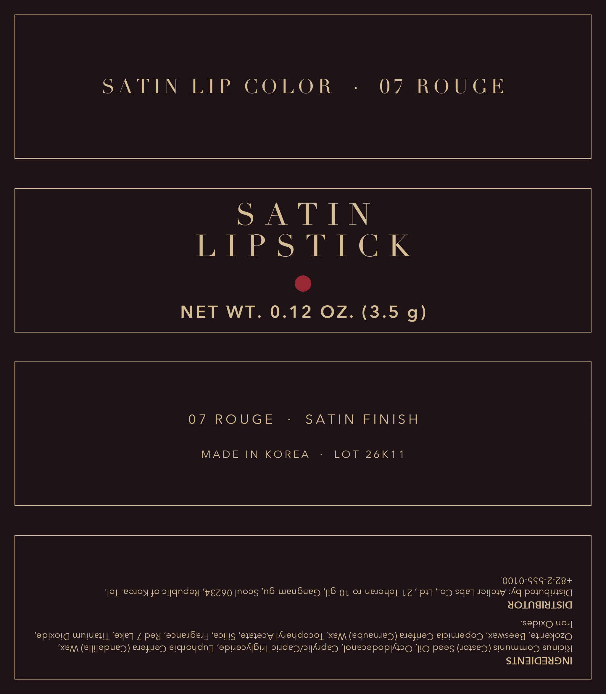 Flat carton artwork for a fictional satin lipstick with a Seoul distributor address and a Korean phone number.