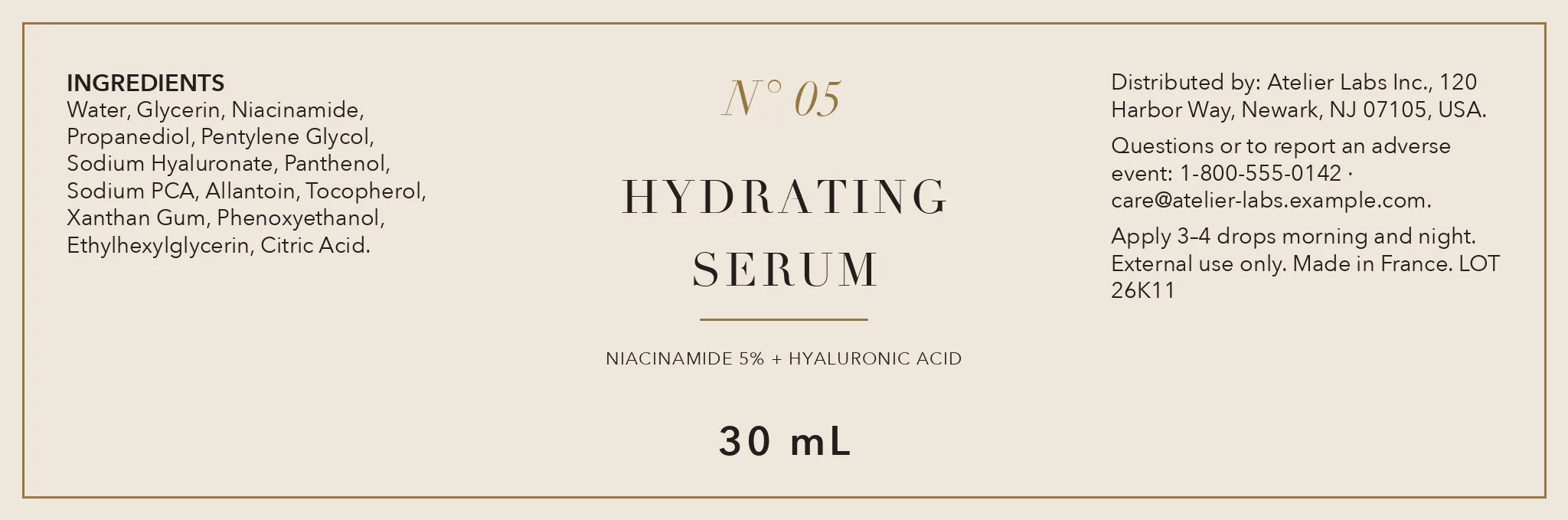 Flat label artwork for a fictional hydrating face serum showing net contents of 30 mL.