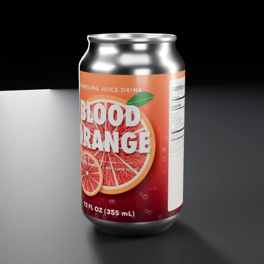 Demonstration render of a fictional blood orange sparkling juice drink can.