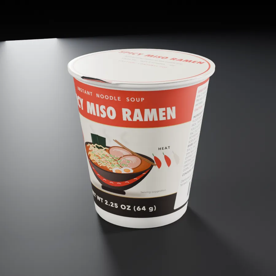 Demonstration render of a fictional instant noodle cup, Spicy Miso Ramen.