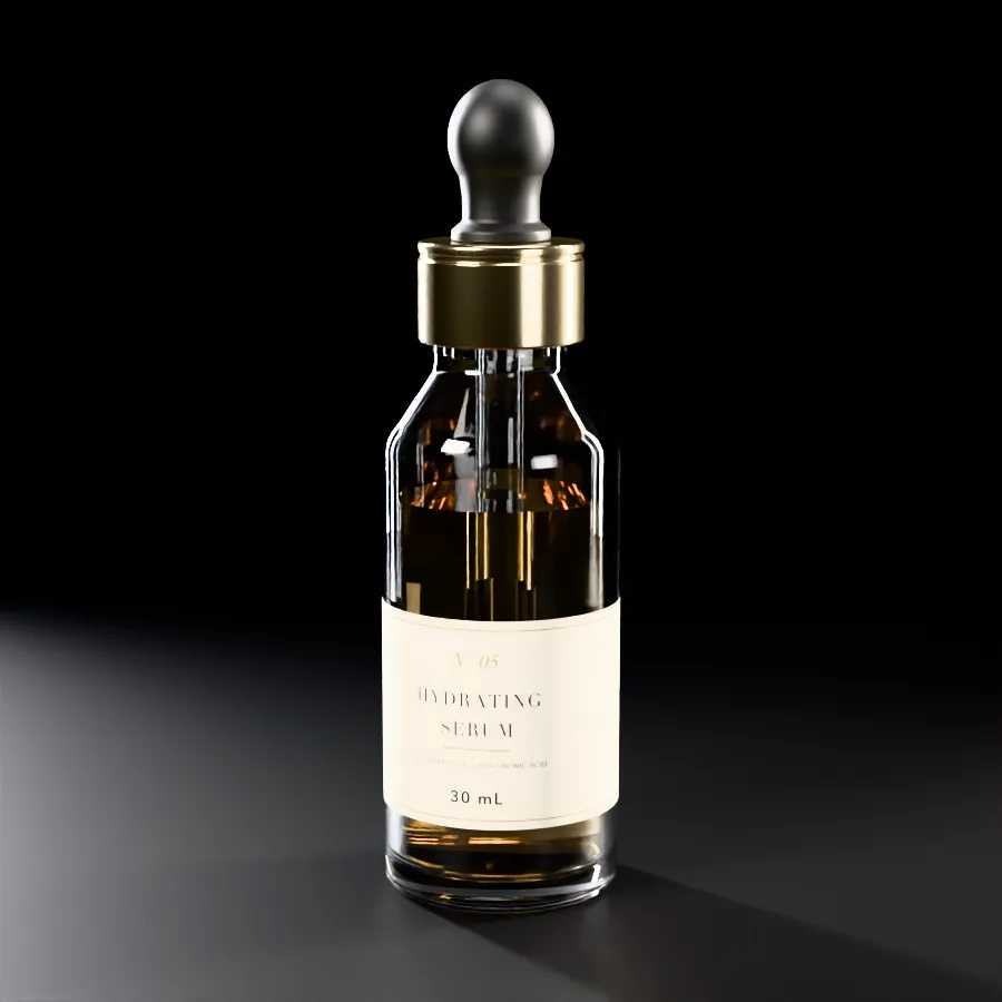 Demonstration render of a fictional hydrating serum in a dropper bottle.