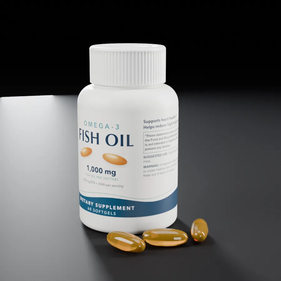 Demonstration render of a fictional omega-3 fish oil softgel bottle.
